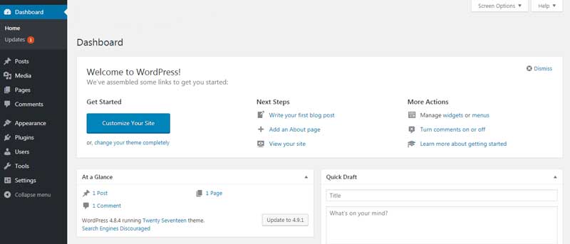 WordPress New Dashboard after install