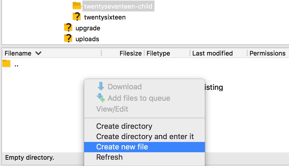 WordPress FileZilla Create New File