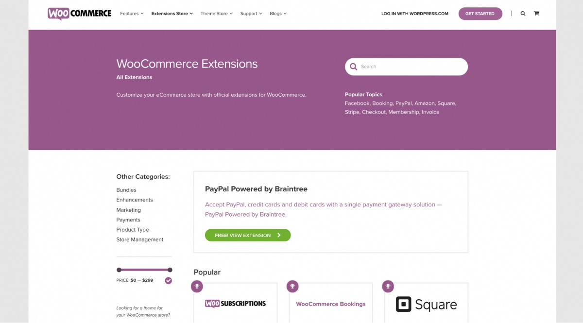 WooCommerce extensions page